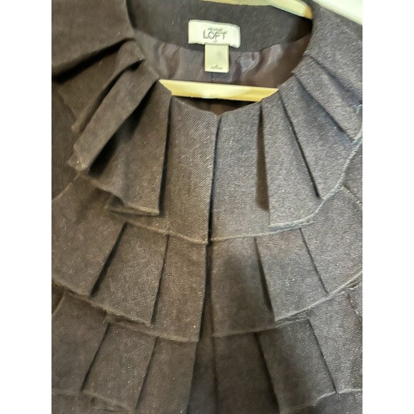 Loft Jacket 6 Brown Belted Wool Blend Ruffle Neckline Classic Feminine Blazer - Picture 7 of 8